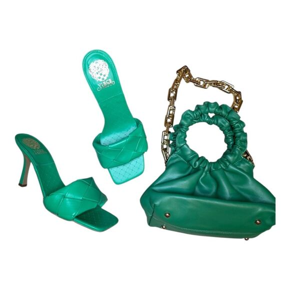 VINCE CAMUTO Brelaine Green Leather Sandal Heels - Size 9 1/2 - Picture 1 of 9